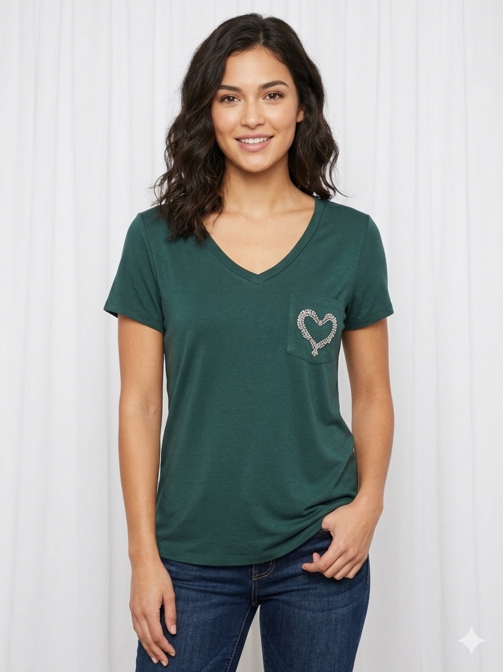Ragdoll - Women's Forest Green V-Neck Pocket Tee with Heart Detail - XL - New